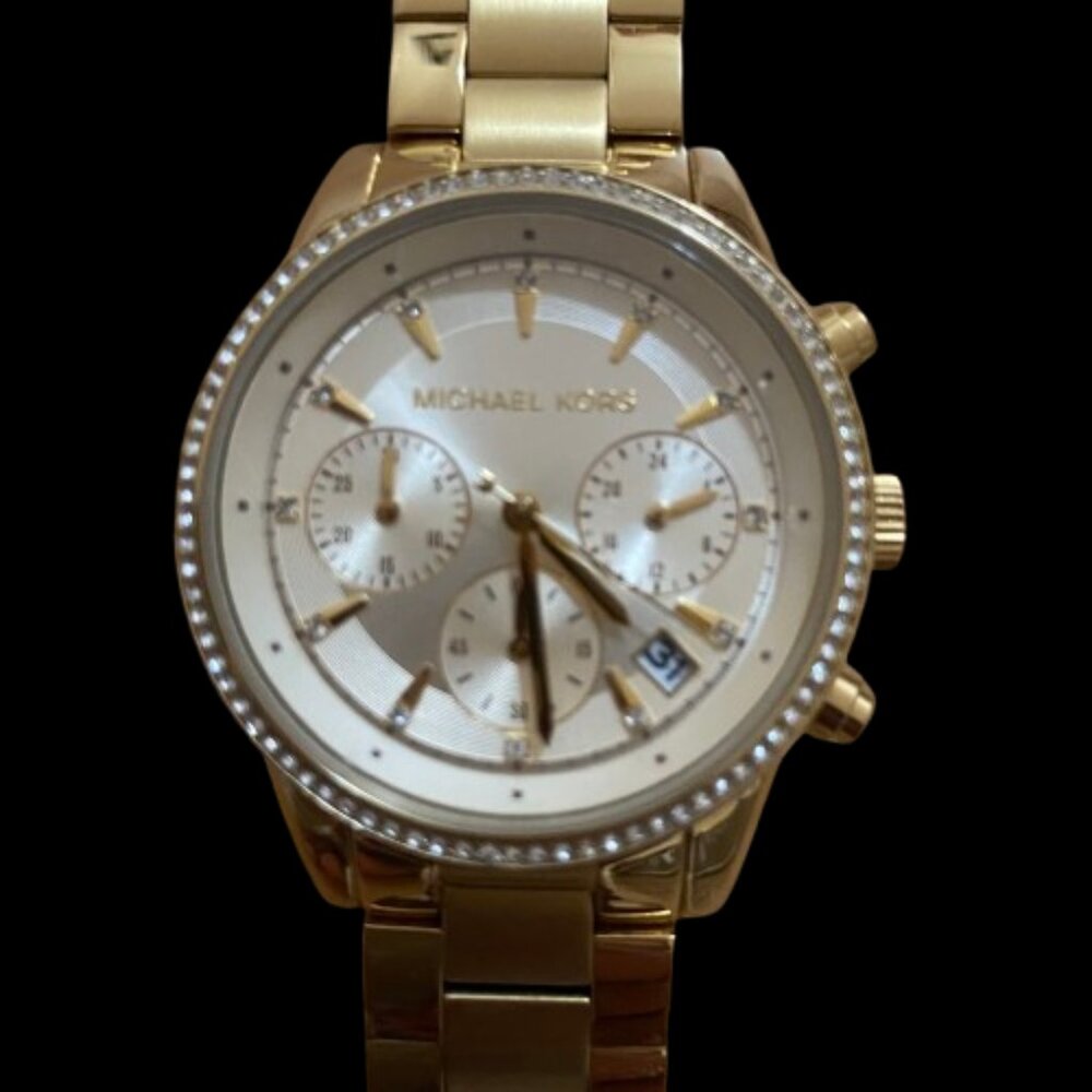 Vintage Michael Kors Women's Ritz Gold Steel Watch with Crystal Topring